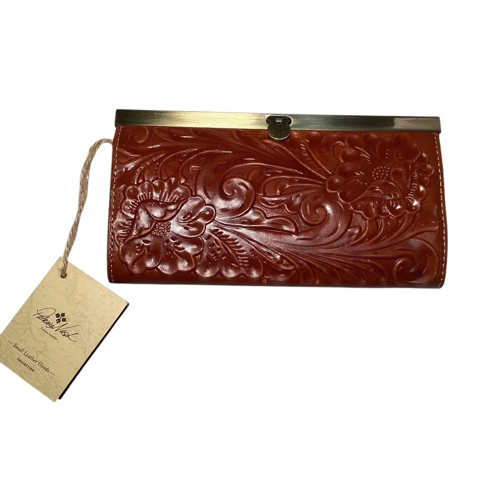 Patricia Nash Florence Leather Floral Embossed Wallet Clutch Brown Kiss Lock